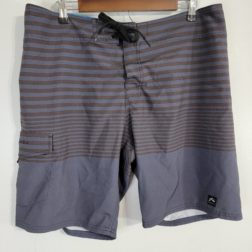 Rusty Men's Blue and Grey Striped Swim Board Shorts